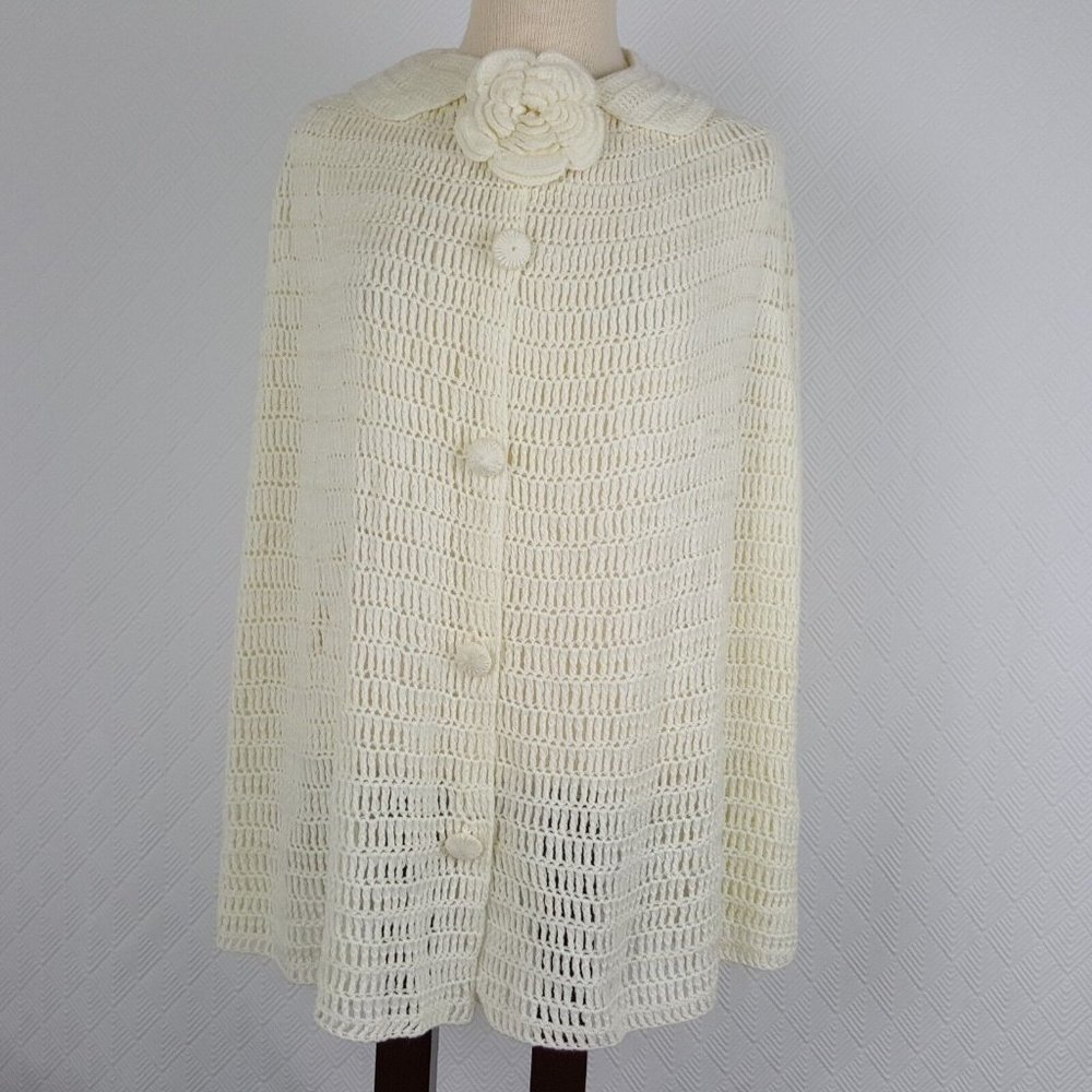 Susan Graver Style Womens Crocheted Knit Poncho Sweater Ivory Size Large